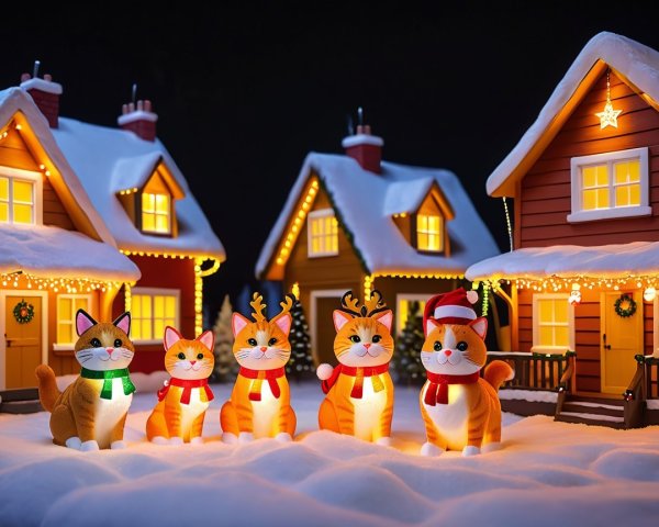 Glowing Orange and White Cat Figurines in Winter Scene