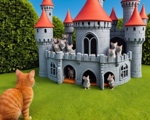 Orange Cat Watching Toy Mice at Colorful Castle