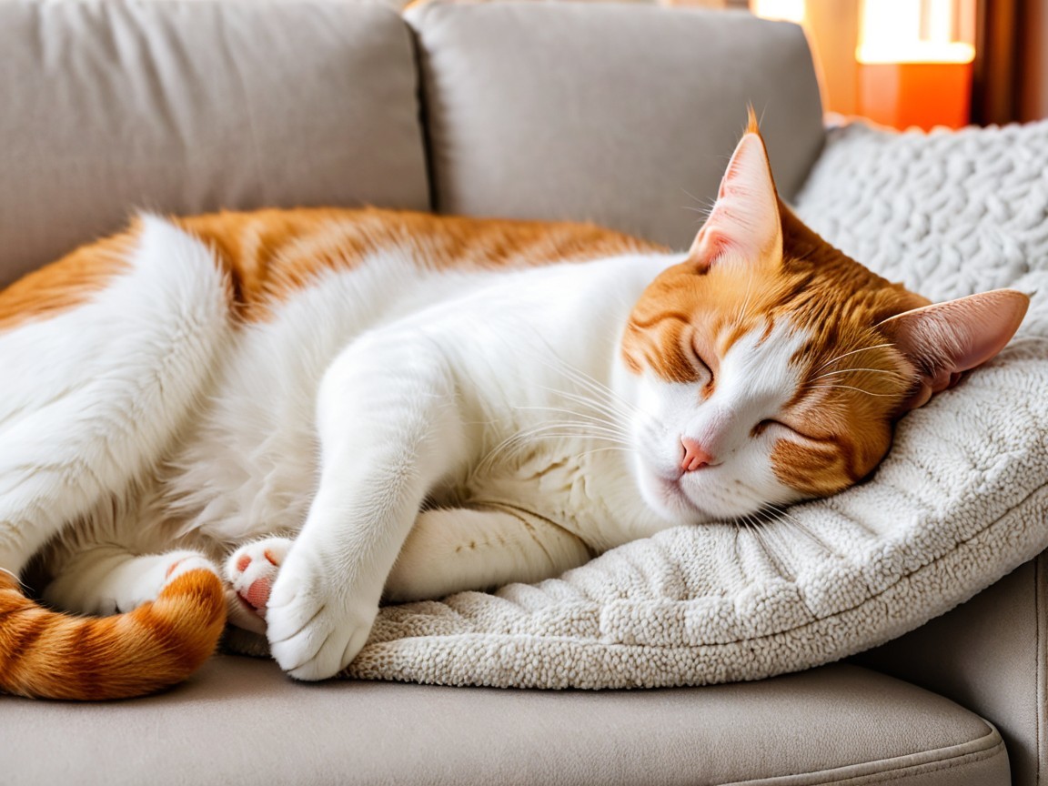 Fluffy Orange and White Cat Sleeping on Sofa