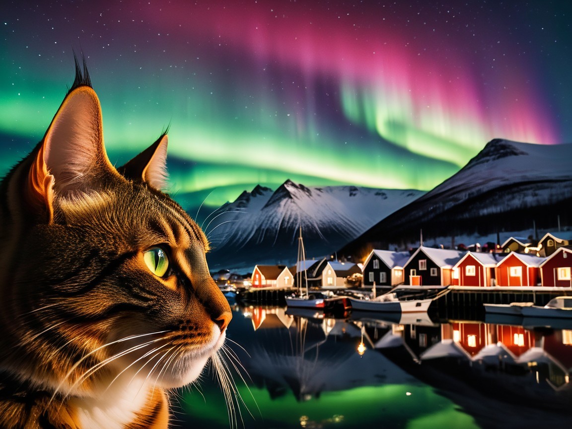 Majestic Cat Overlooks Tranquil Harbor with Auroras