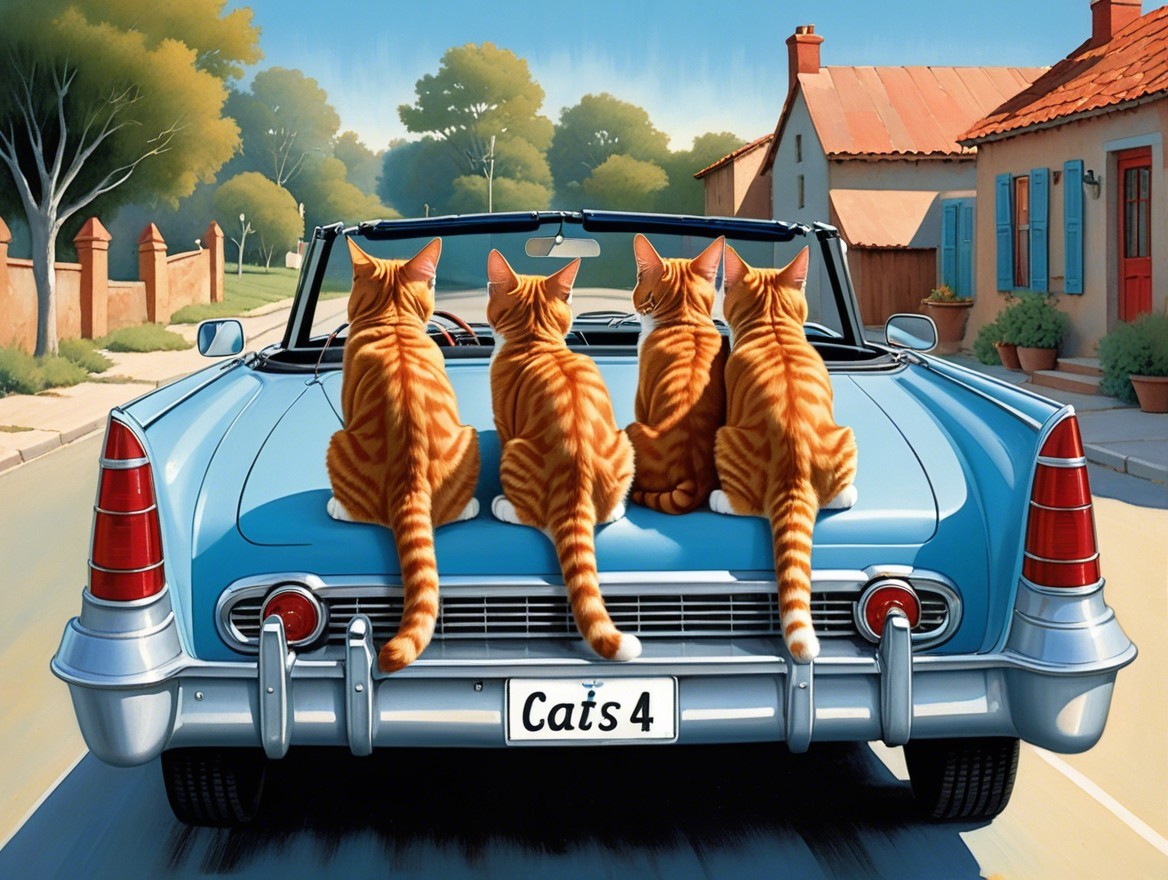 Three Orange Tabby Cats on Classic Blue Convertible