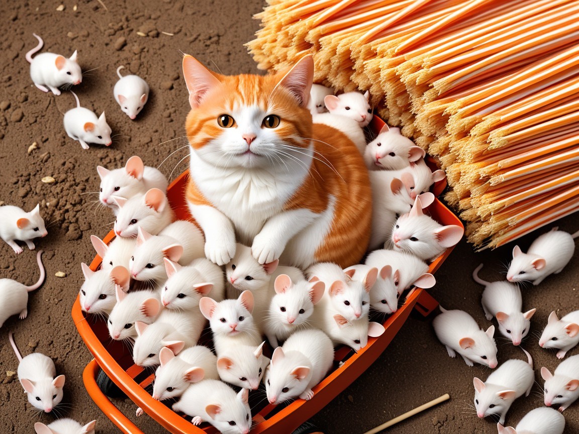 Cat in Wheelbarrow with Mice in Natural Setting