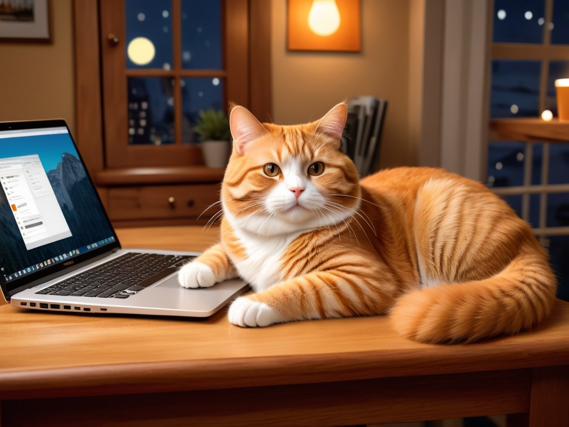 Fluffy Orange Tabby Cat in Cozy Home Office Setting