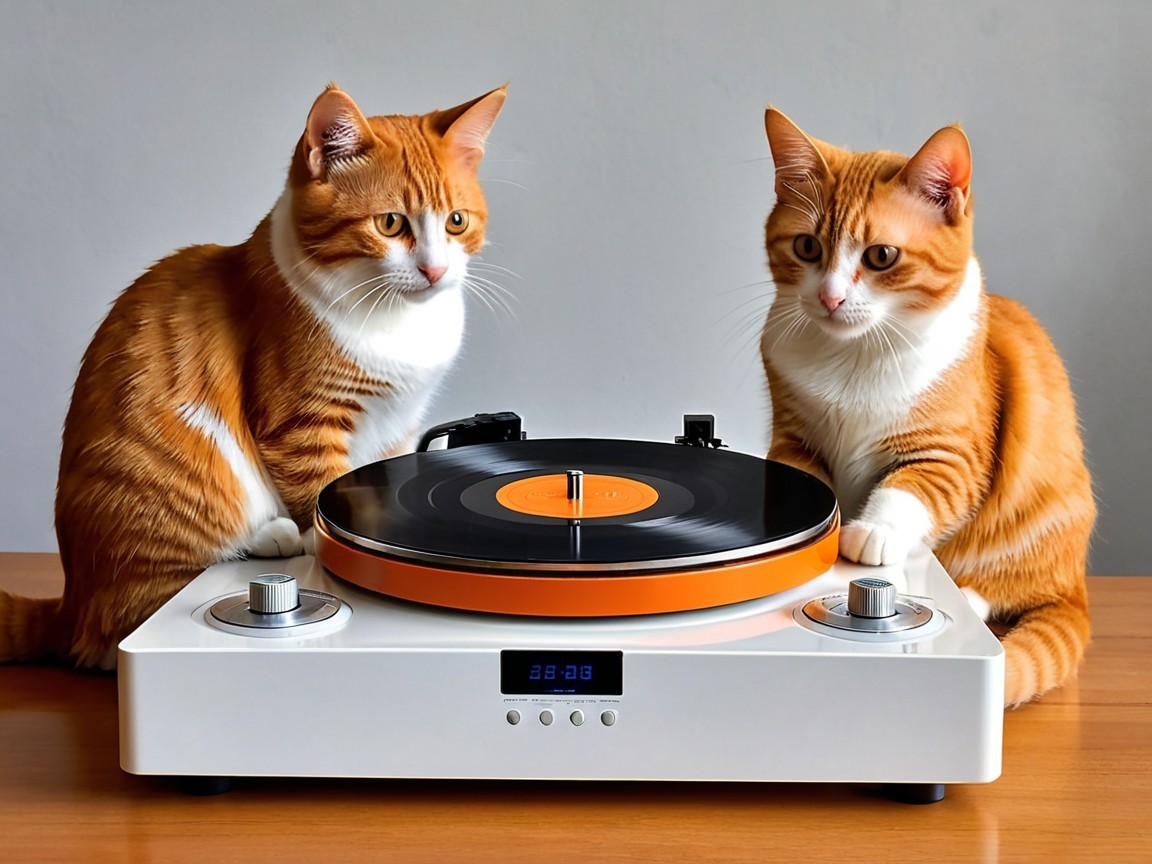 Orange Tabby Cats Watching Vinyl Record on Turntable