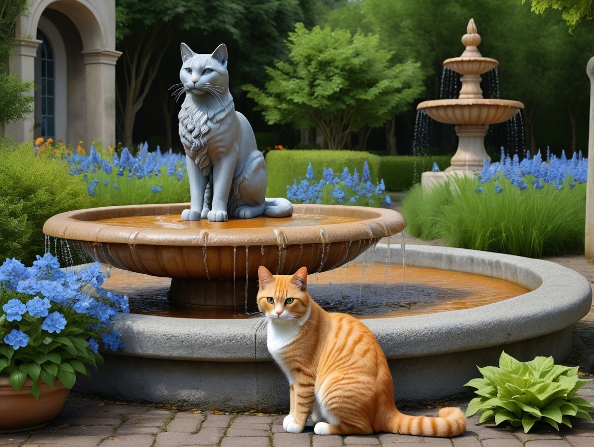 Serene garden with fountain and cat statue