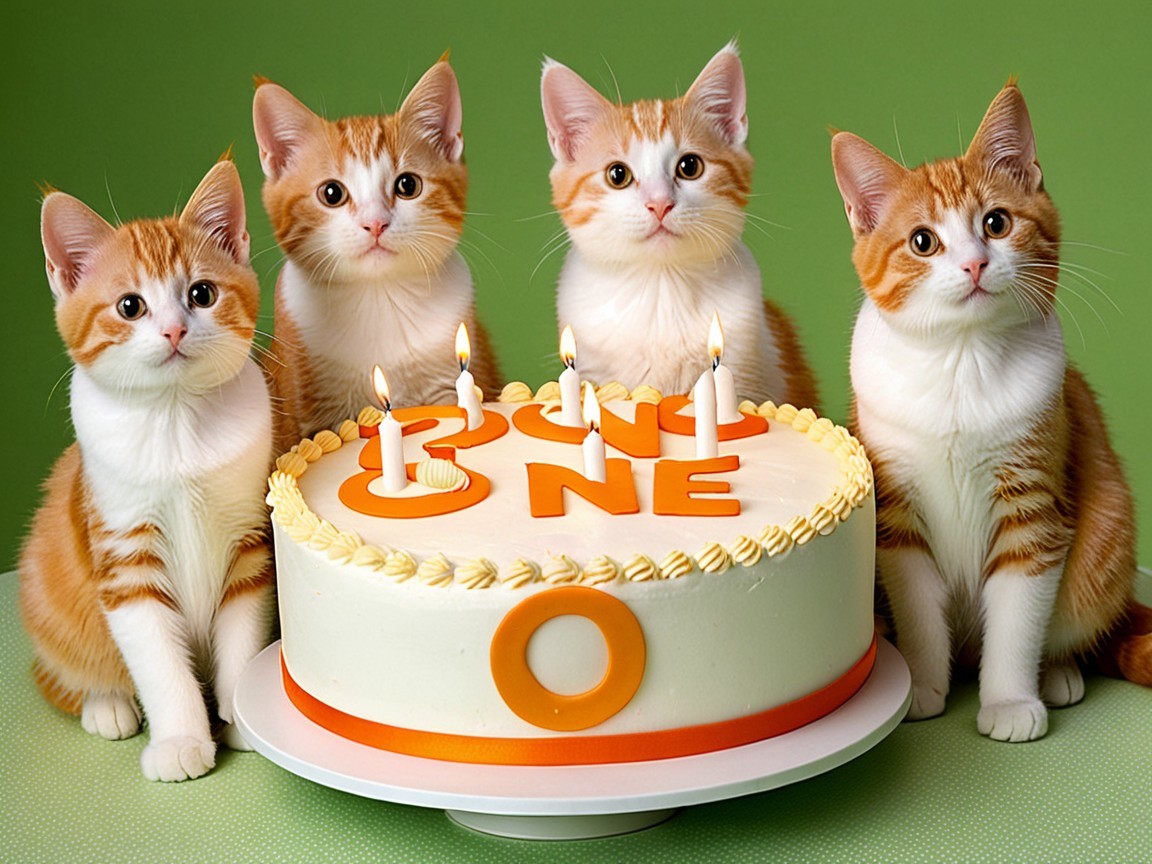 Kittens and Birthday Cake with Festive Decorations