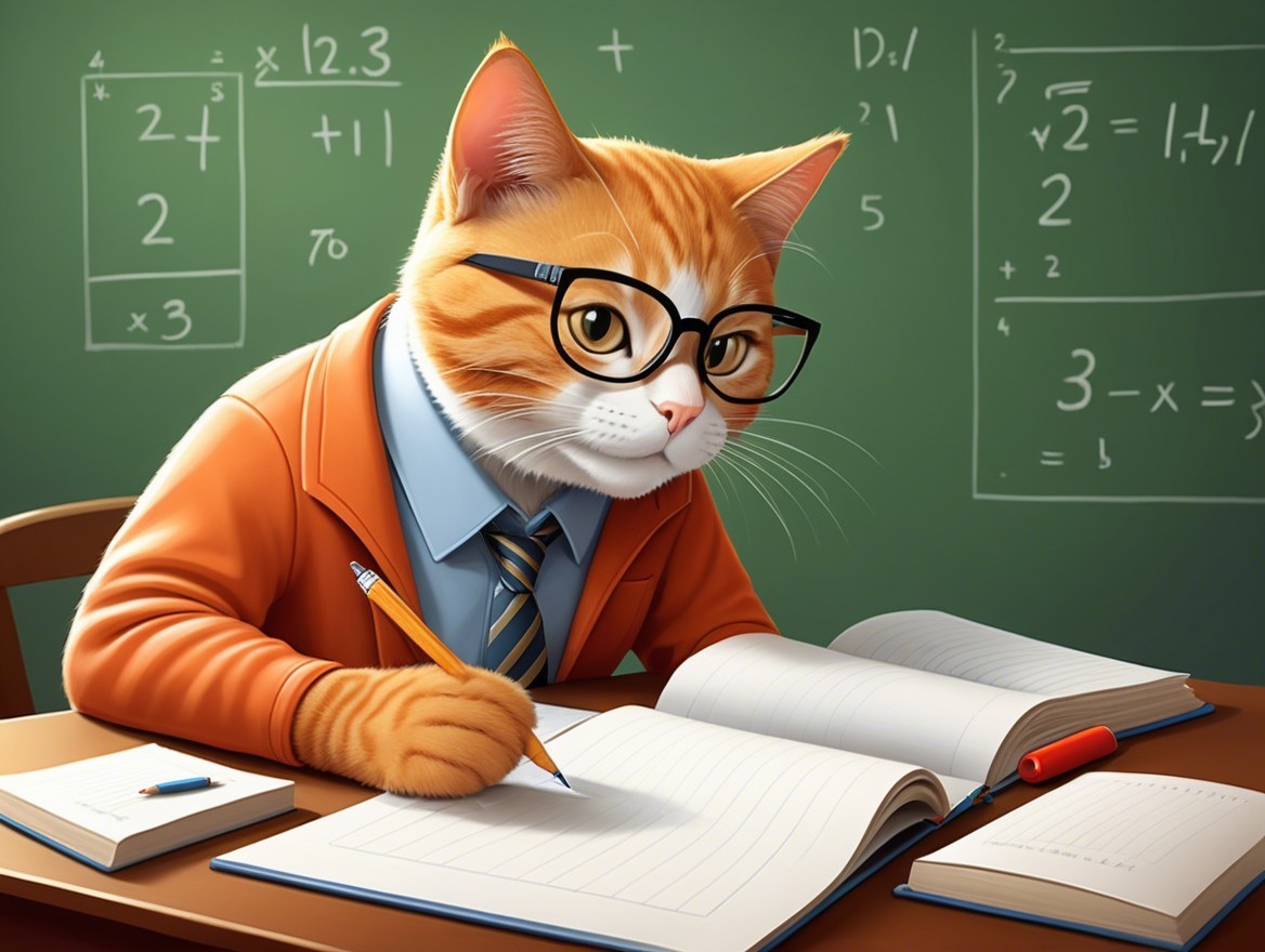 Orange and White Cat Writing at Wooden Desk