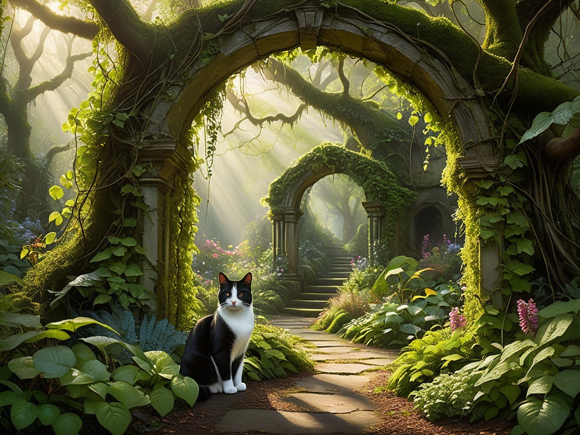 Serene Cat in a Mystical Forest with Vibrant Flora