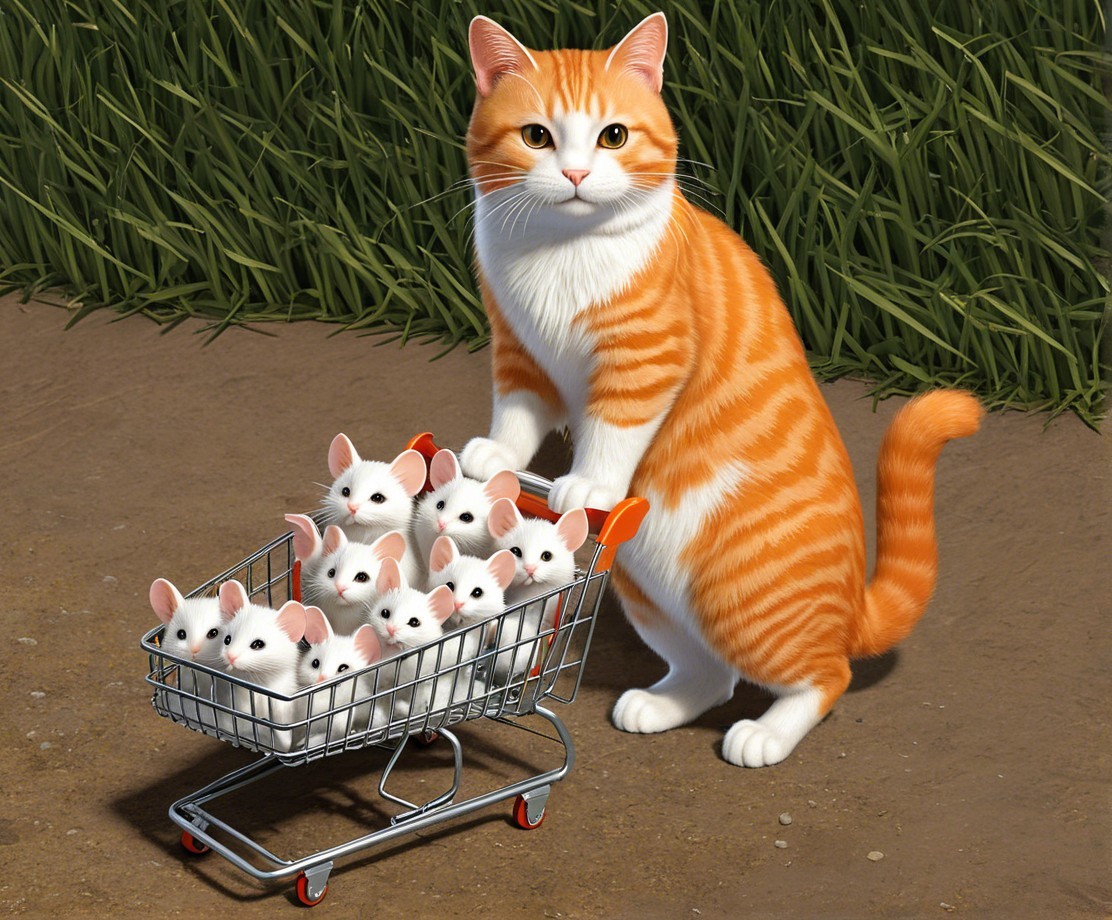 Orange Tabby Cat with Kittens in Mini Shopping Cart