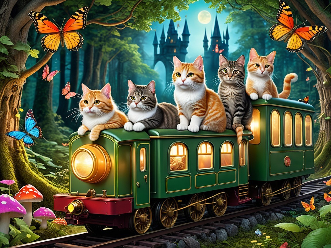 Cats on a Train in a Magical Forest Setting