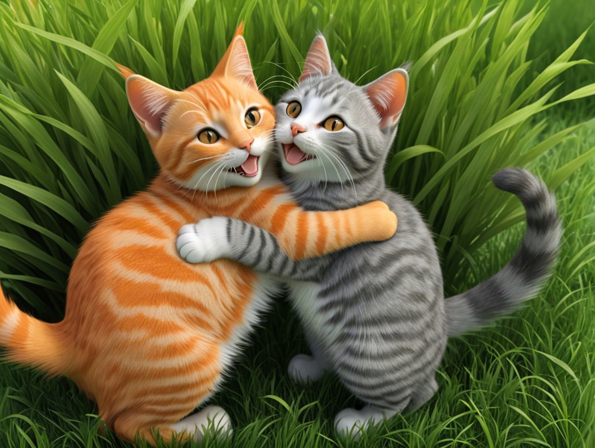 Kittens Hugging in a Lush Green Grass Field