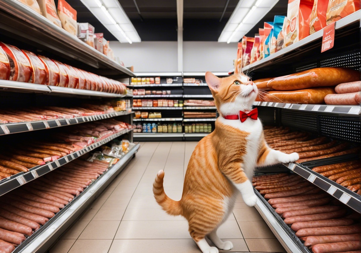 Orange Tabby Cat in Supermarket Aisle with Sausages