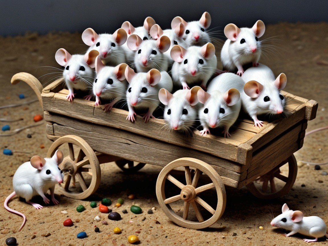 Wooden Cart with White Mice and Colorful Candies