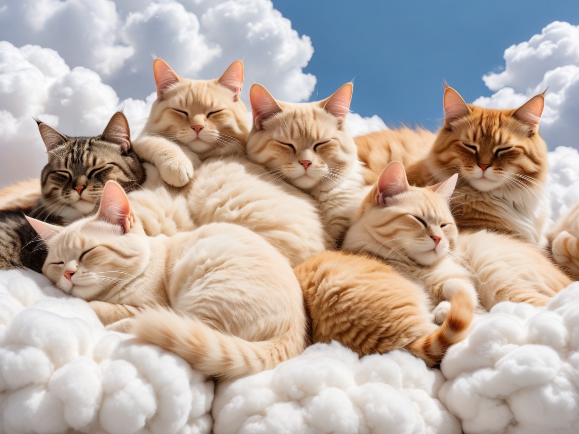 Cats Sleeping on a Fluffy Cloud in a Blue Sky