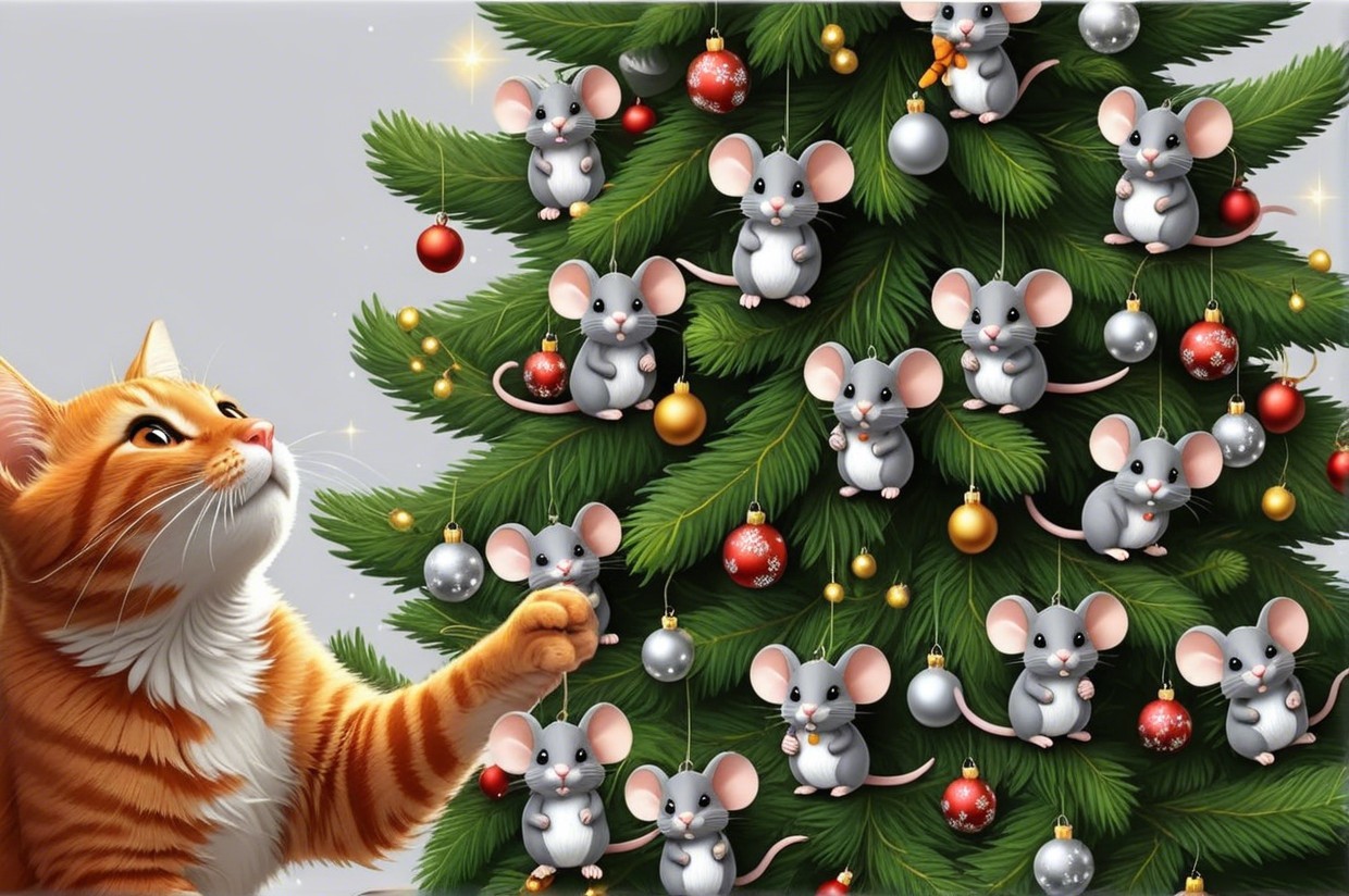 Realistic Christmas Scene with Cat and Mouse Ornament