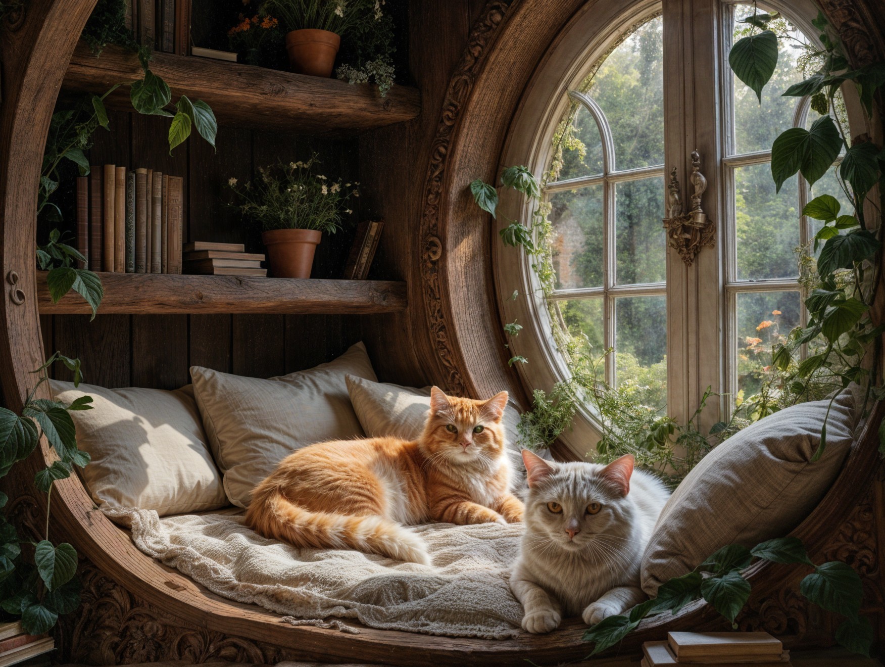 Cats Relaxing in a Cozy Nook with Sunlight and Books