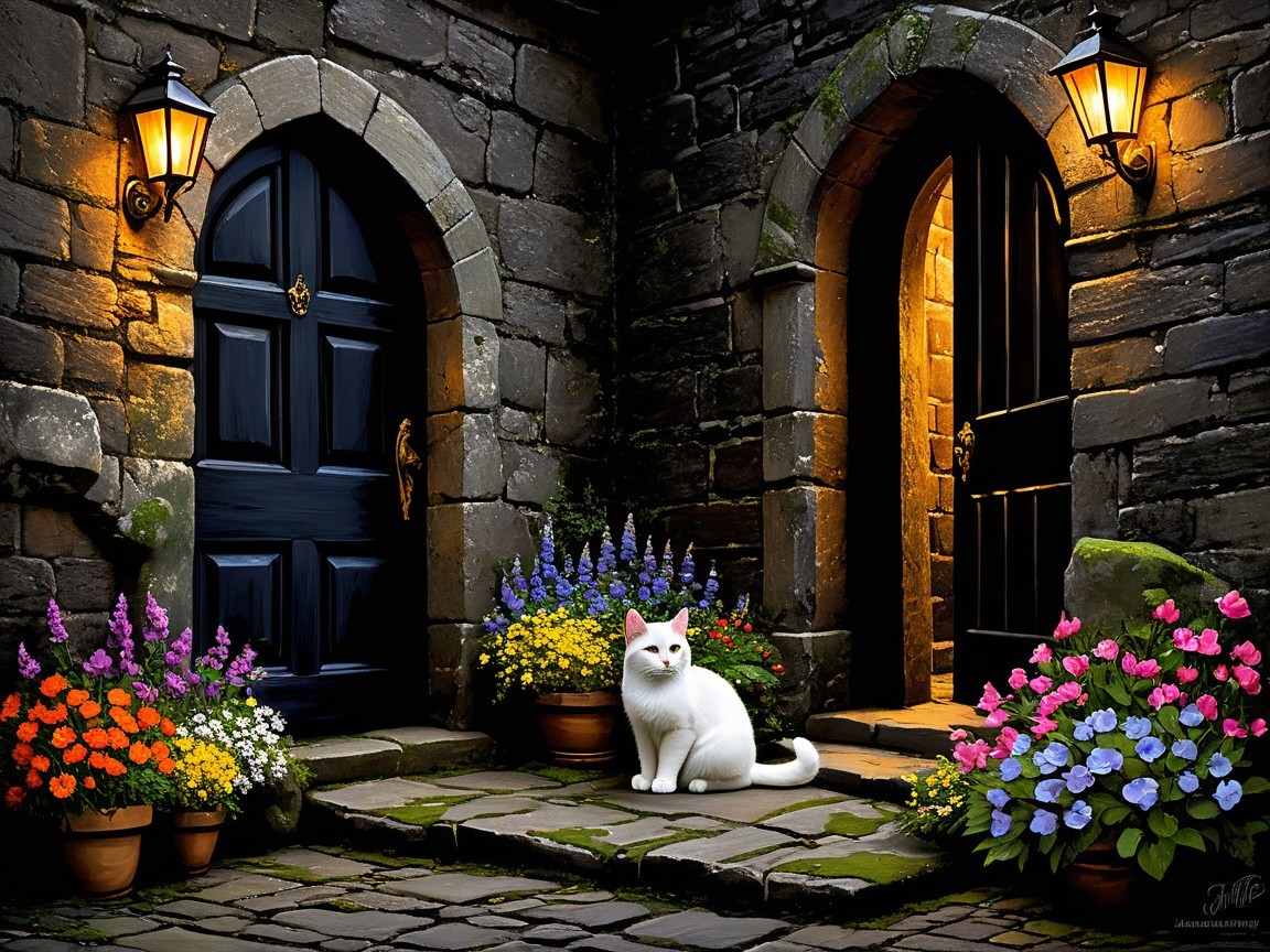 Serene stone pathway with grand blue and black doors