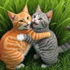 Kittens Hugging in a Lush Green Grass Field