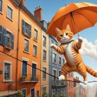 Cheerful Tabby Cat with Umbrella on Colorful Clothesline