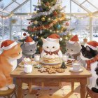 Cats in Santa Hats Celebrate Christmas in Sunroom