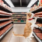 Orange Tabby Cat in Supermarket Aisle with Sausages