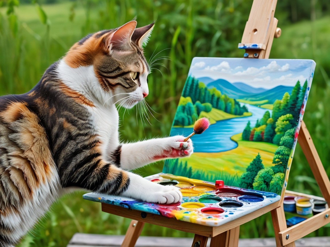 Playful Cat Painting a Serene Landscape Scene