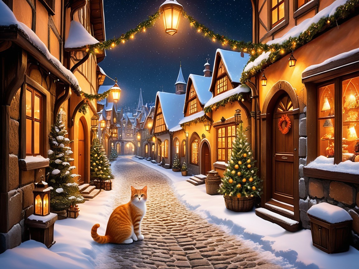 Magical Snow-Covered Village Street Scene at Night