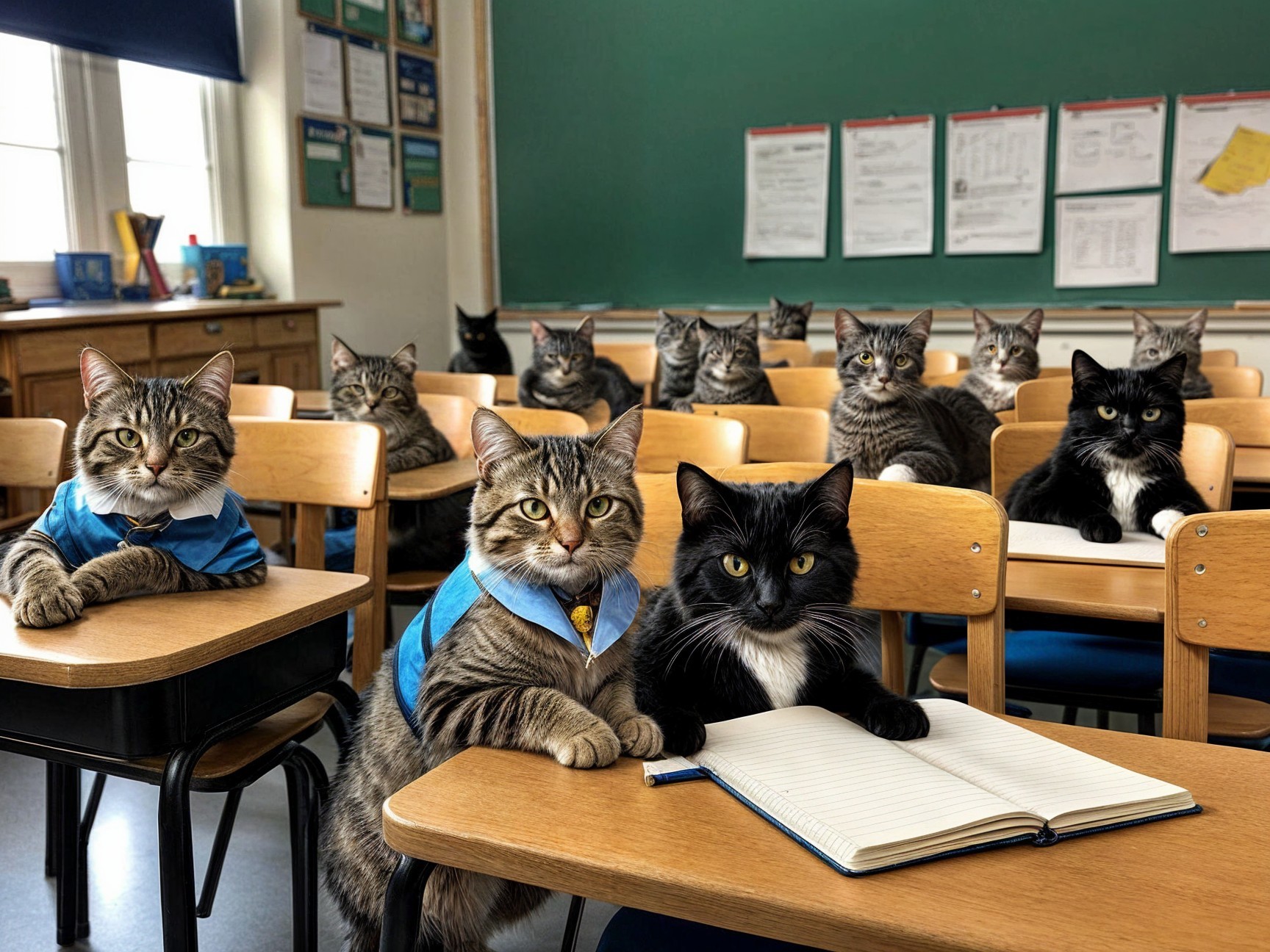 Whimsical Classroom Scene with Cats in Blue Vests