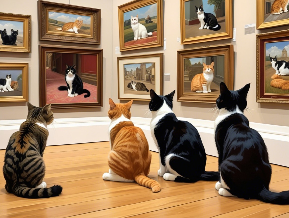 Cats Observing Paintings in Vibrant Art Gallery