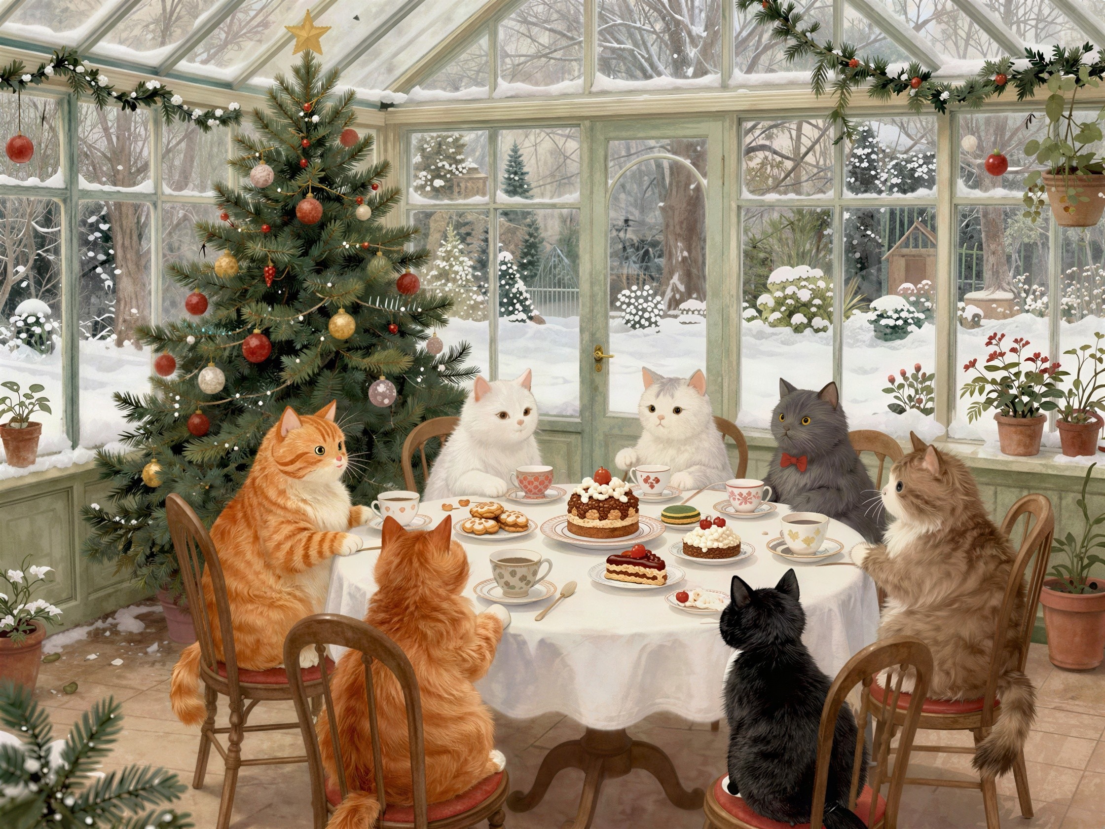Cats at a Christmas Tea Party in a Snowy Conservatory