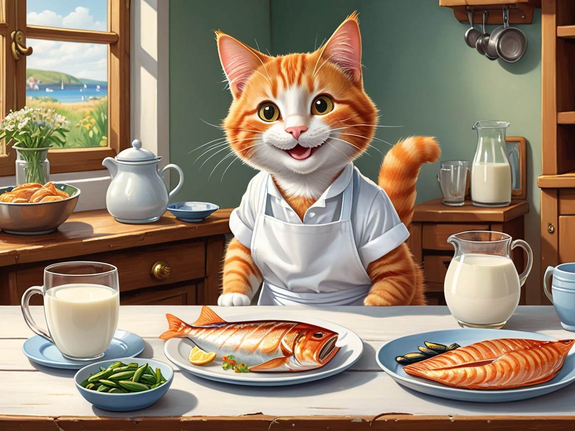 Cheerful orange tabby cat at a kitchen table setting