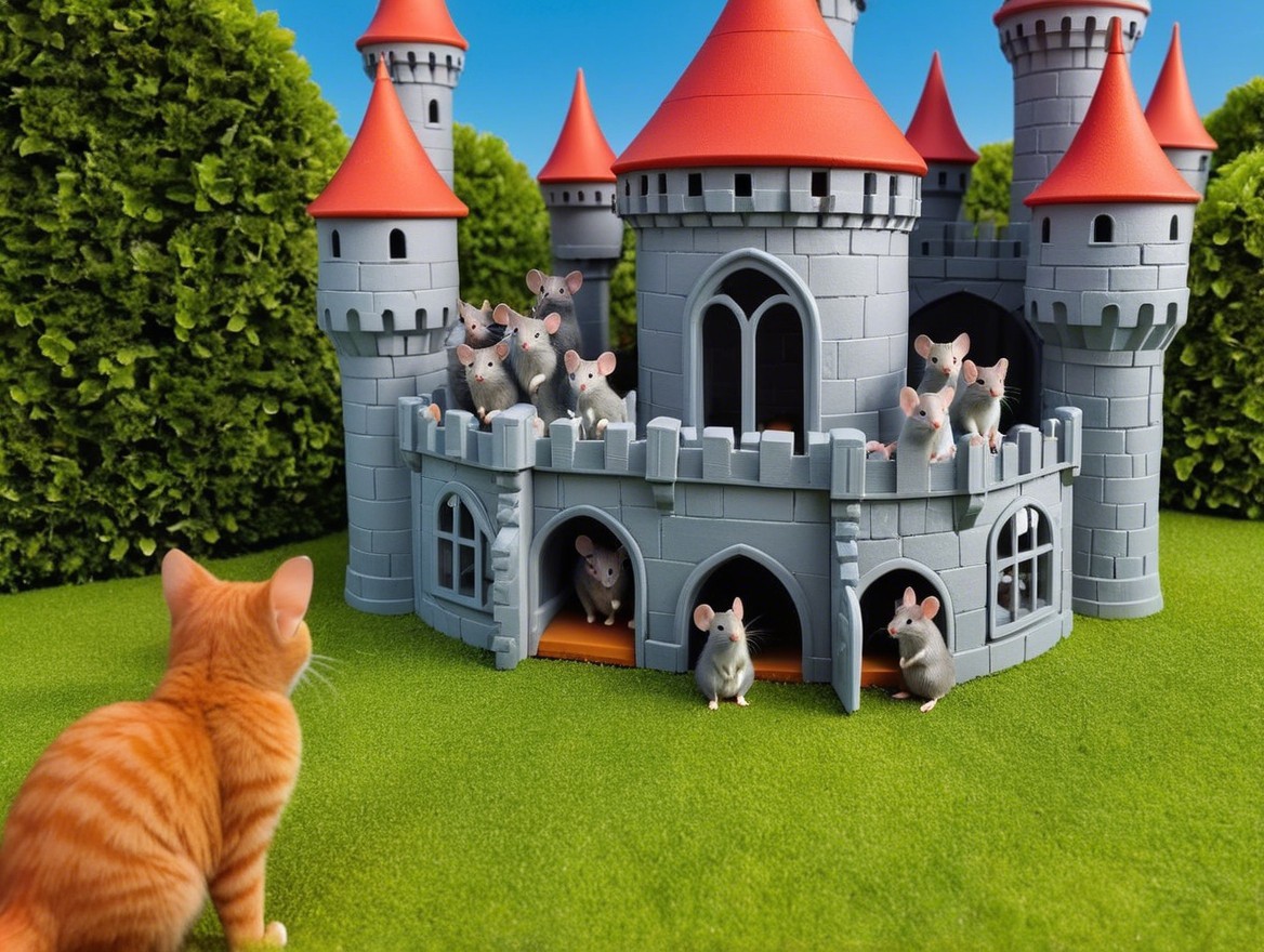 Orange Cat Watching Toy Mice at Colorful Castle
