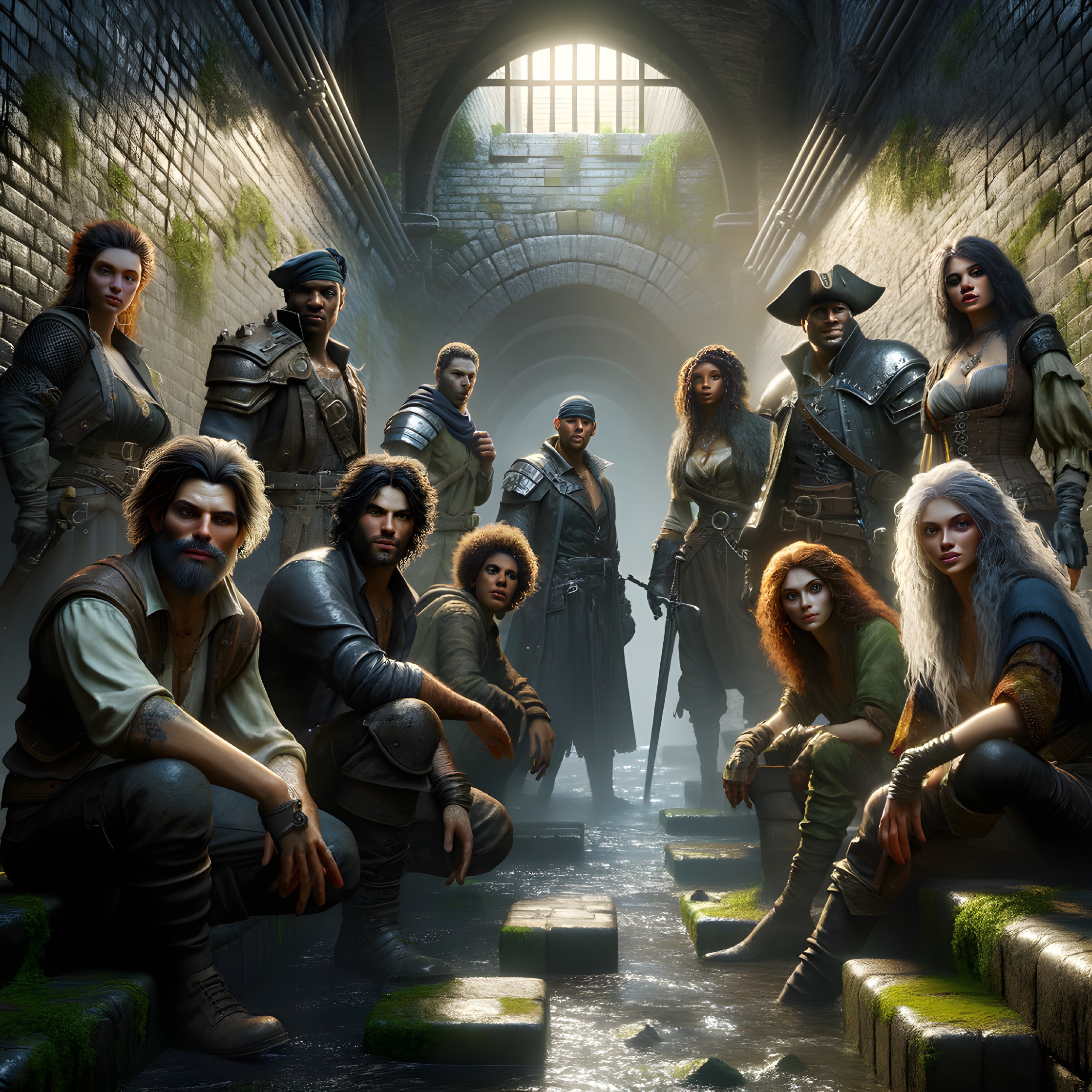Diverse Adventurers in Fantasy-Medieval Attire in Tunnel