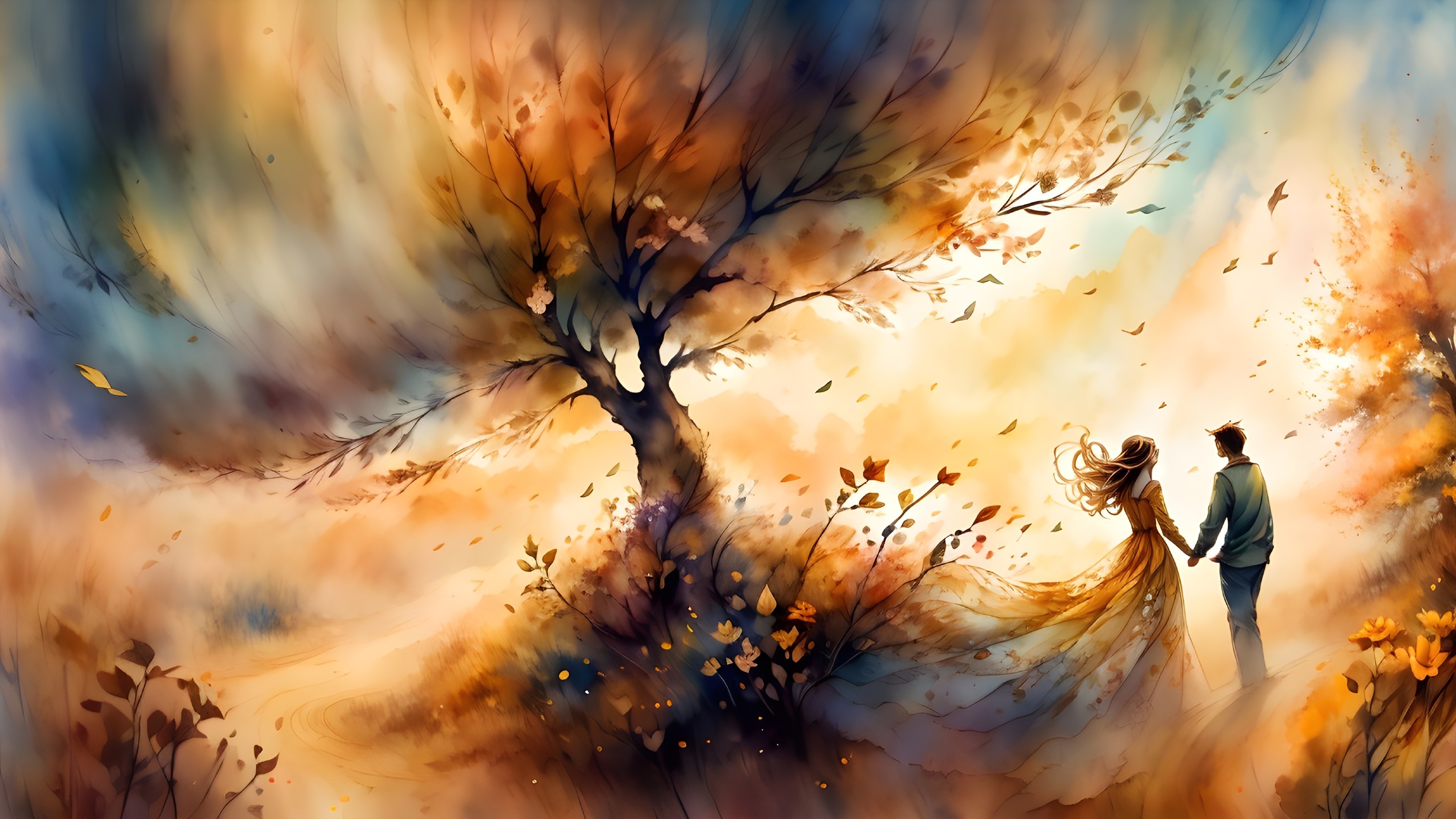 Couple Under Autumn Tree with Vibrant Leaves