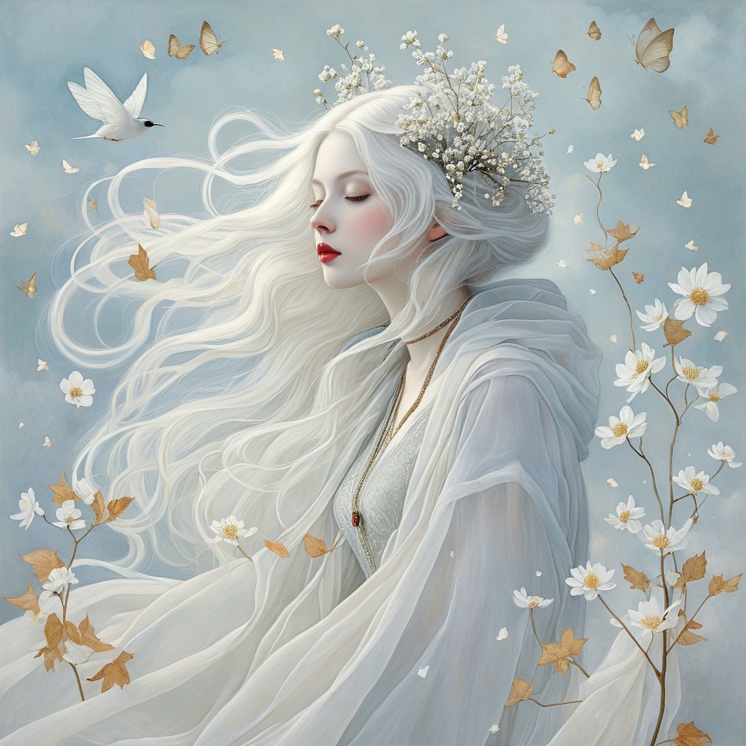 Serene figure with flowing hair and floral adornments