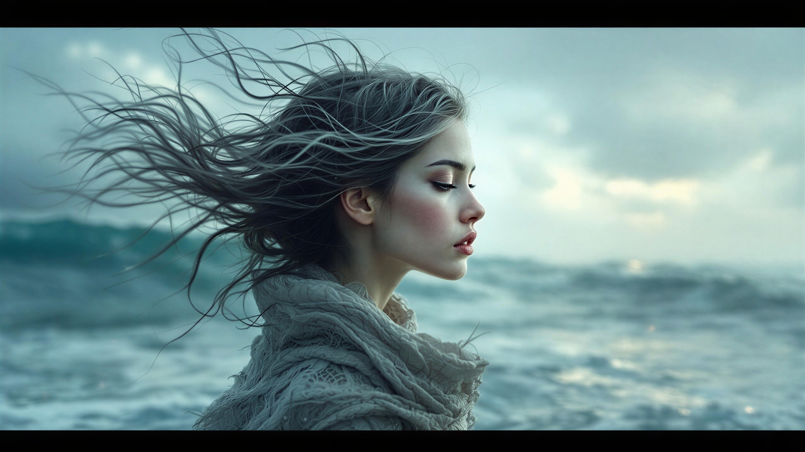 Young Woman by Ocean with Flowing Hair and Waves