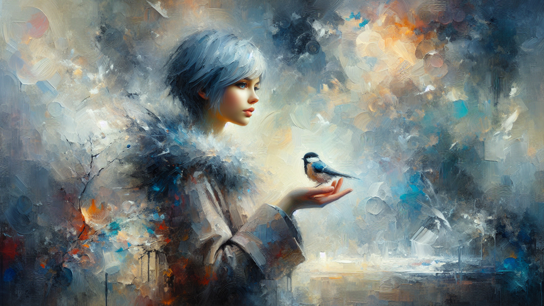 Young woman with silver hair holding a small bird