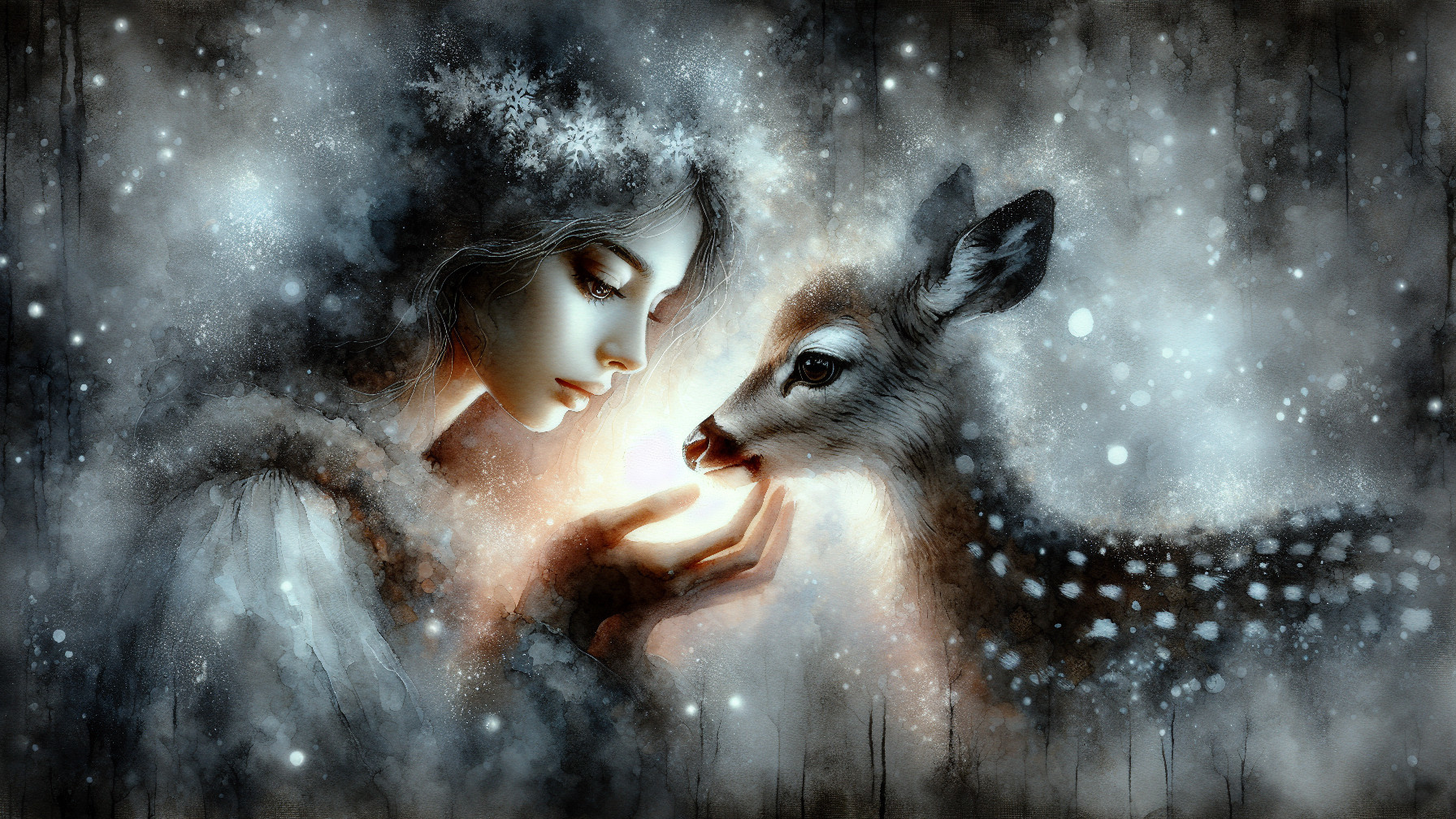 Mystical Winter Scene with Serene Young Woman and Fawn