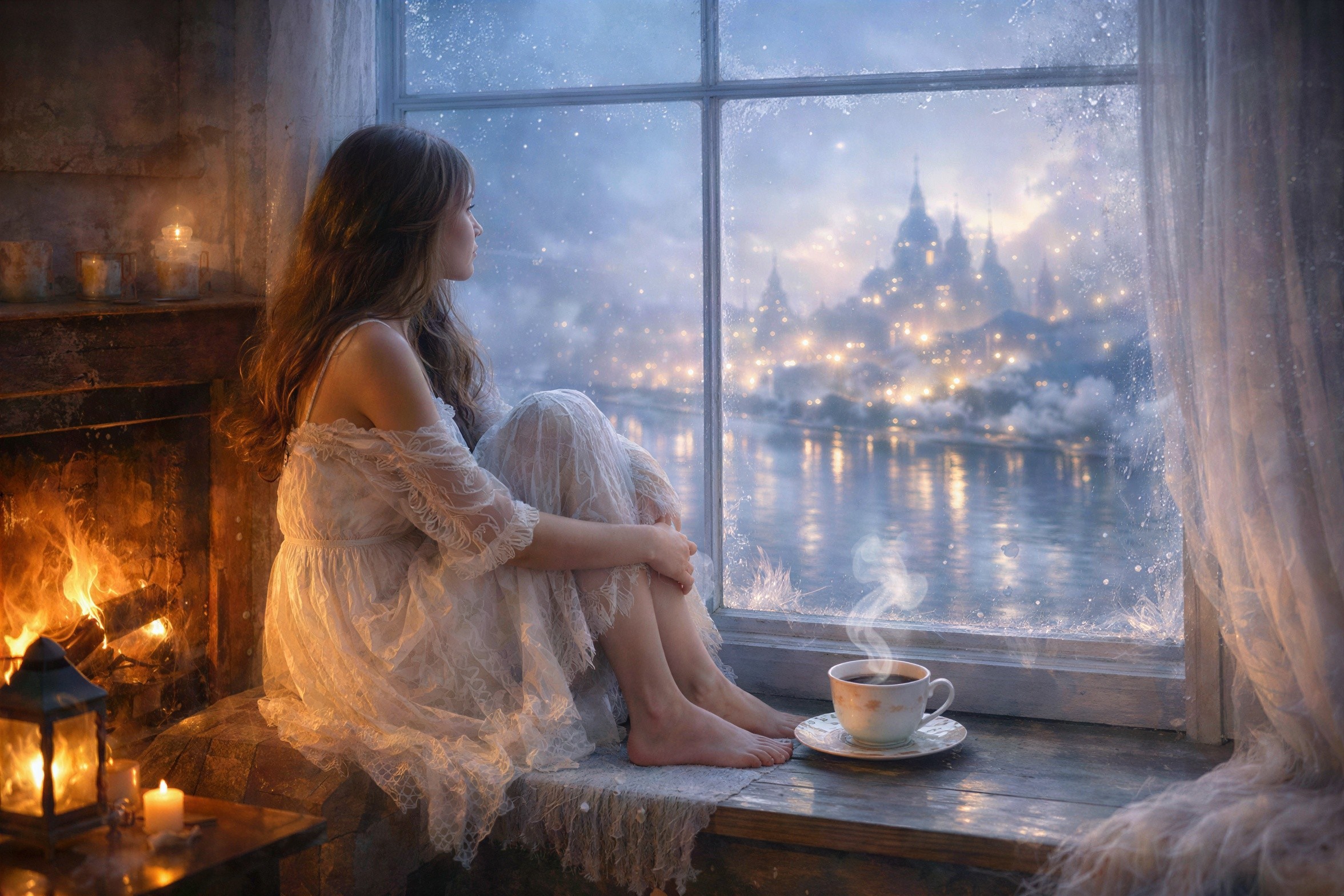 Indoor Scene of a Young Woman in a Lacy Gown