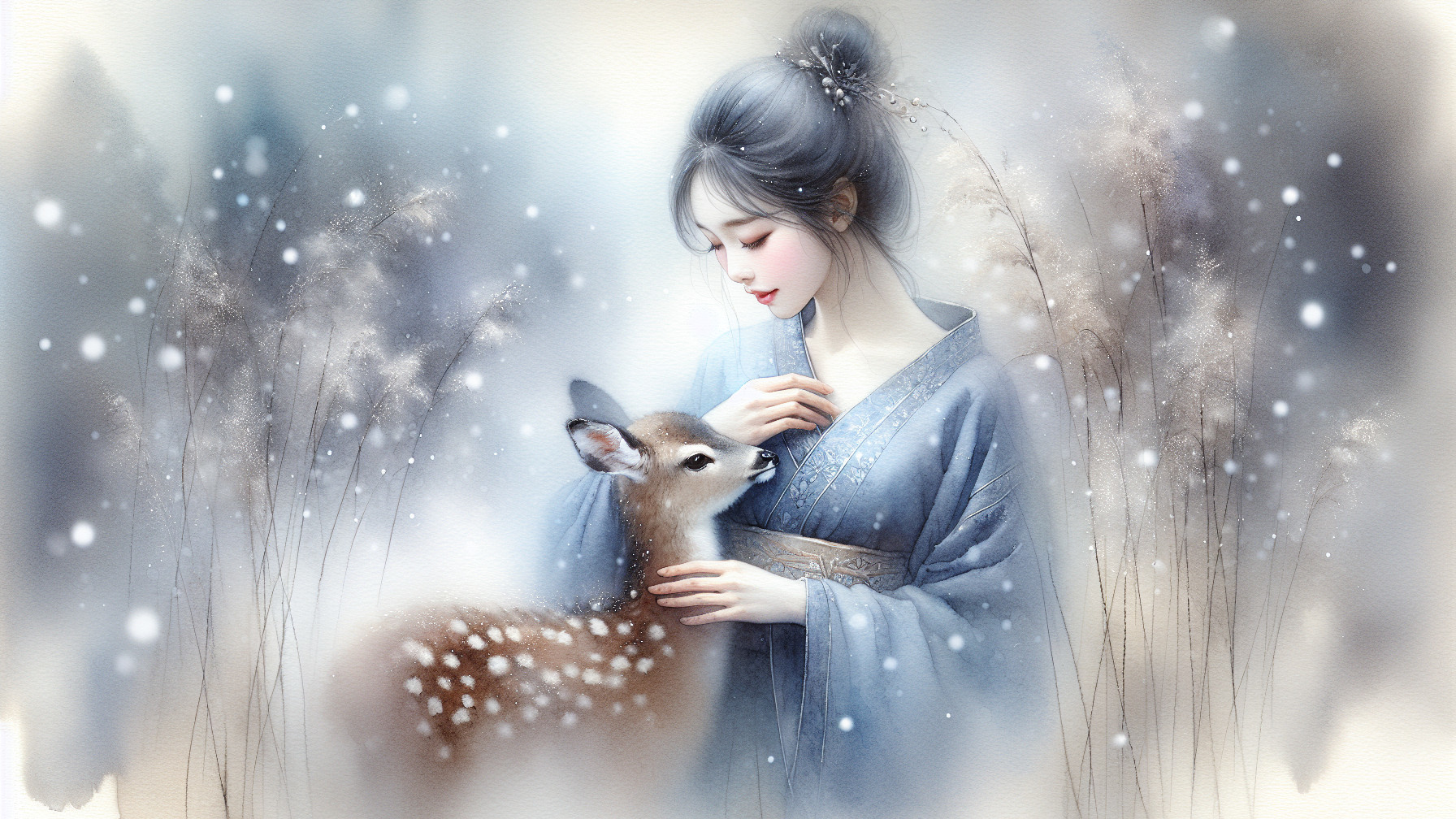 Young woman in blue kimono with fawn in snow scene