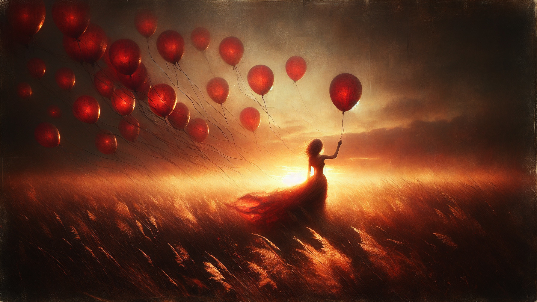 Figure in Red Dress with Balloons in Golden Field