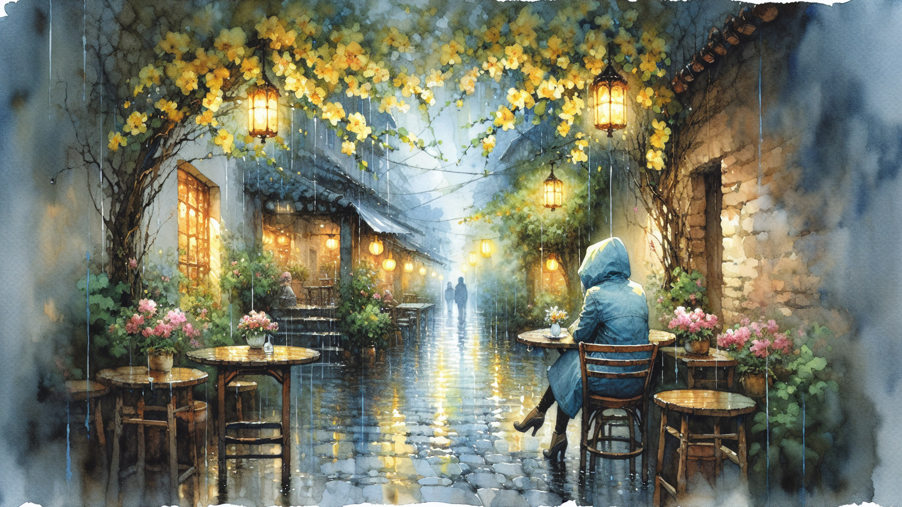 Rainy Village Street with Lanterns and Flowers
