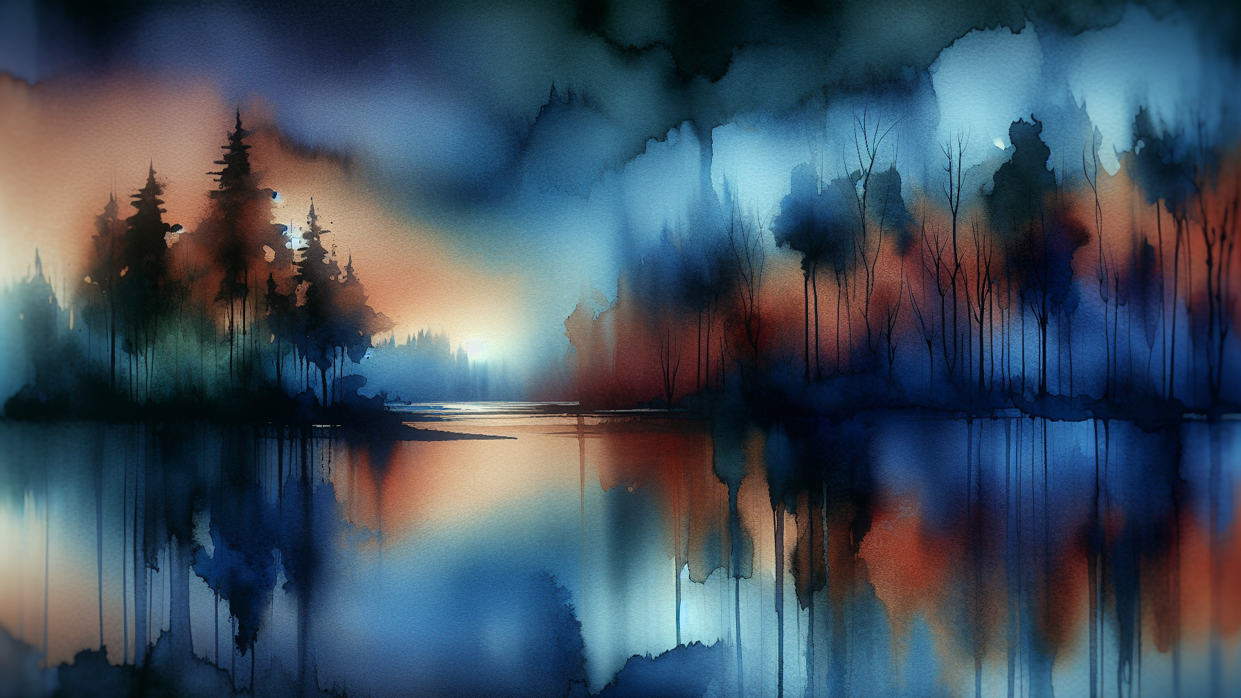 Tranquil Watercolor Landscape of Lake at Twilight