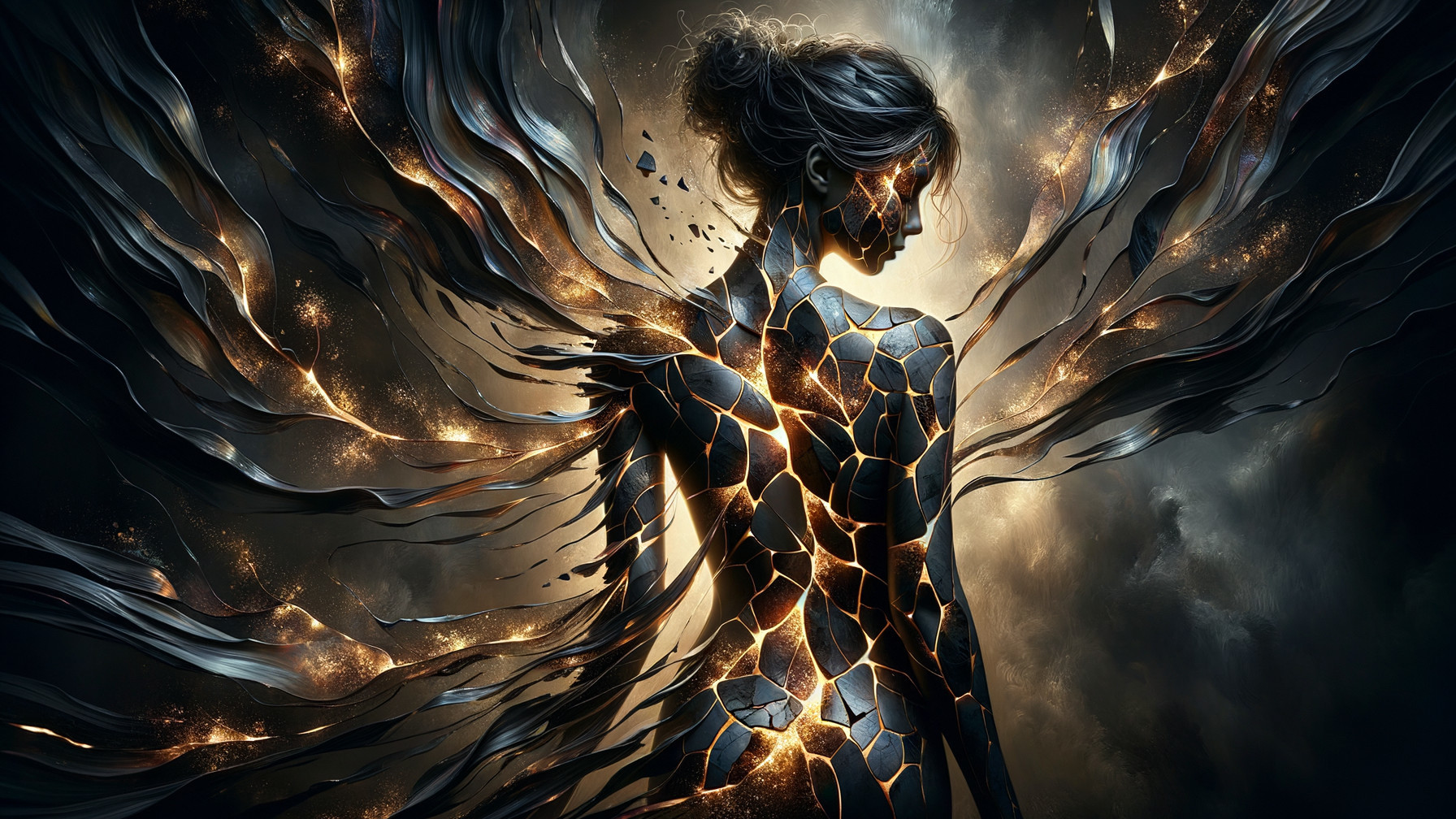 Ethereal Figure with Shattered Dark Form and Wings