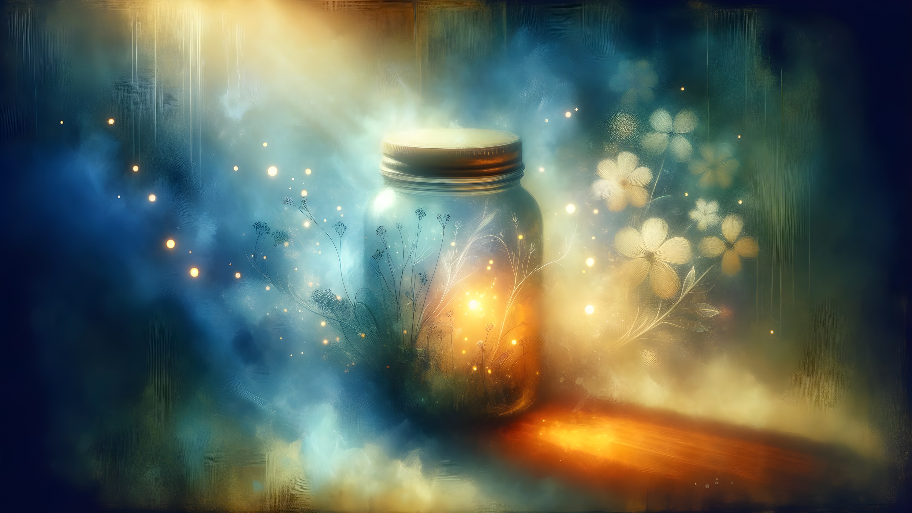 Mystical jar in a dreamy landscape with glowing flowers