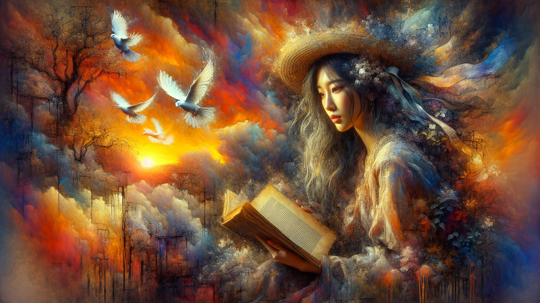 Young Woman Reading in Dreamlike Colorful Landscape