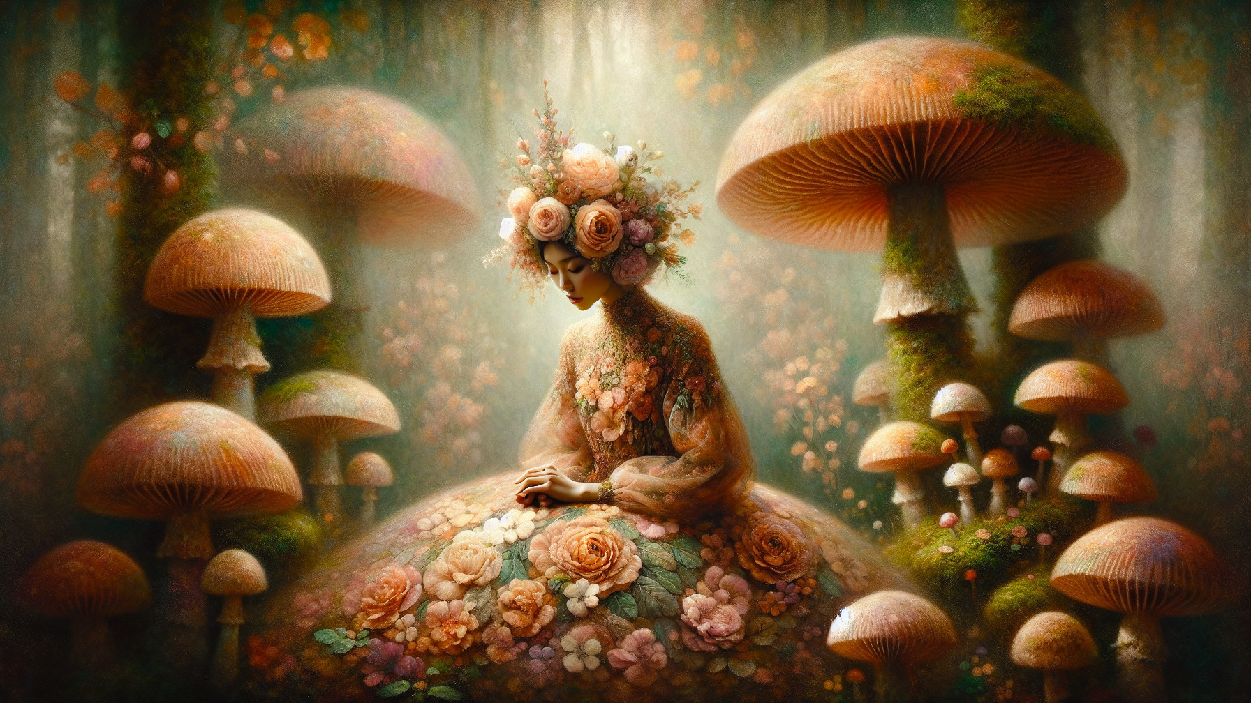 Serene figure in a magical forest of oversized mushrooms