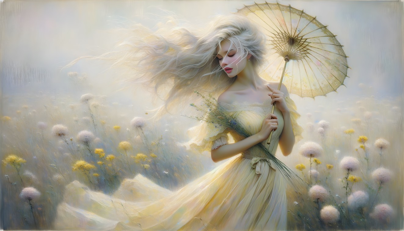 Woman in Yellow Dress in Dandelion Field with Parasol