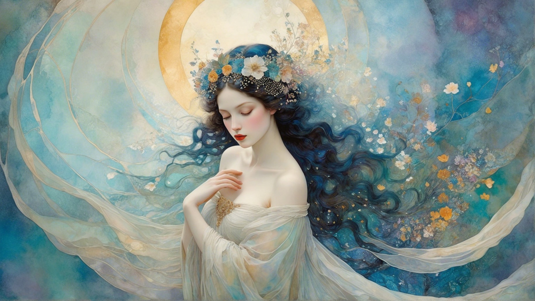 Ethereal figure with blue hair in a dreamy setting