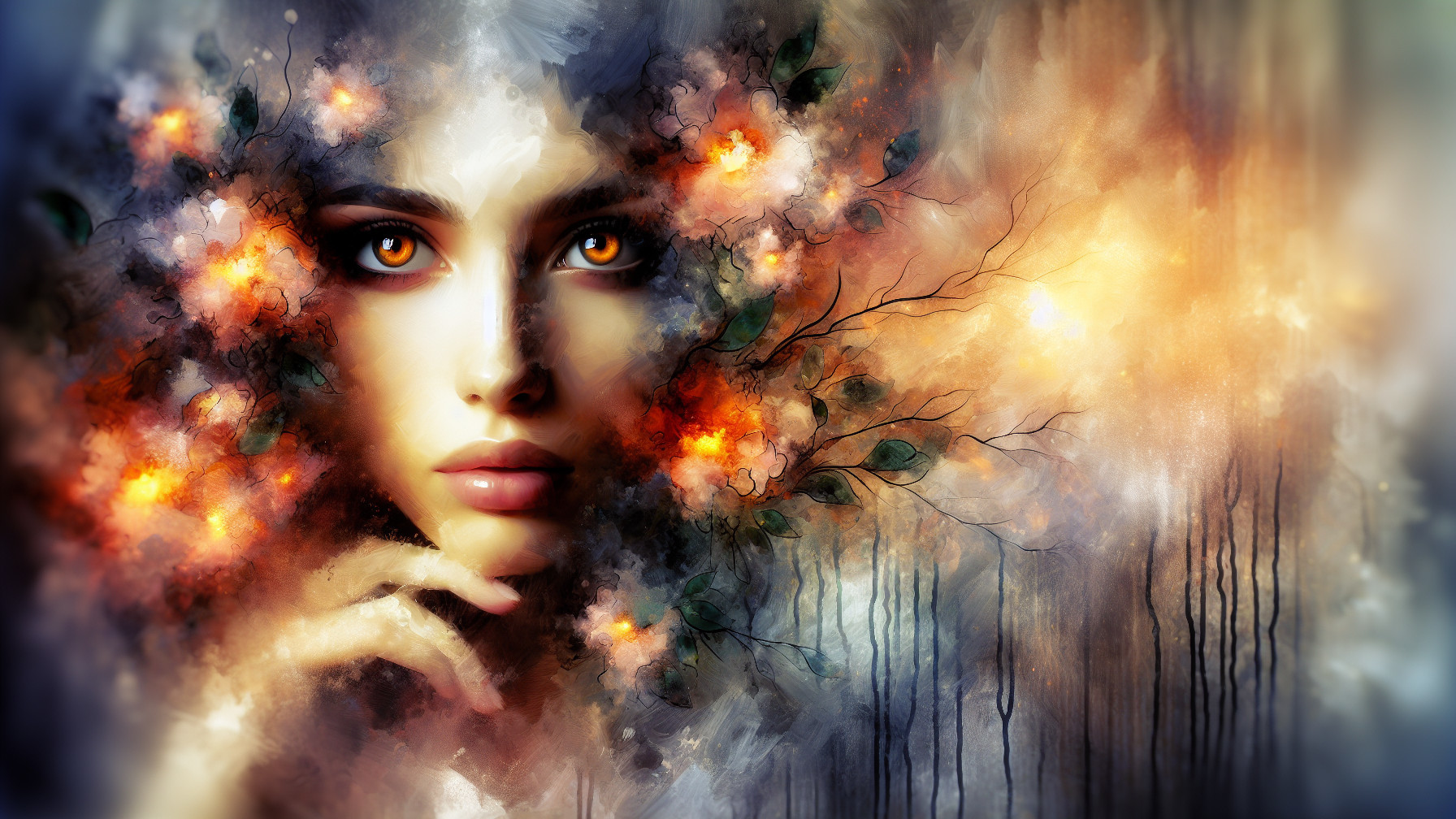 Portrait of a woman with amber eyes and flowers
